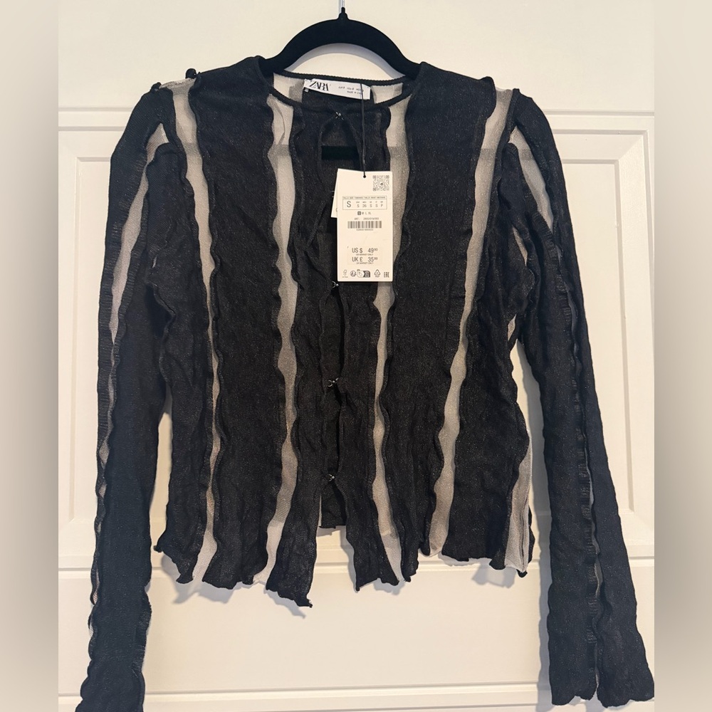 Zara Black Sheer Stripe Long-Sleeve Top